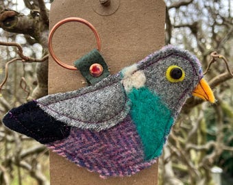 Handmade tweed Charlie Wood Pigeon Keyring/ keychain. Backed with vintage leather. Christmas present// stocking filler// secret Santa