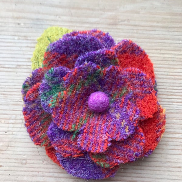 Purple and orange Harris Tweed flower with leaf brooch/ pin.  Christmas present// stocking filler// secret Santa