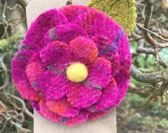 Harris Tweed Flower Brooch, Embroidered Leaf, Hot Pink Bloom