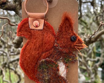 Handmade Harris Tweed Red Squirrel Keyring with Vintage Leather