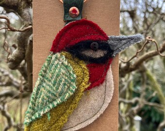 Handmade tweed Ed the Green Woodpecker Keyring/ keychain. Backed with vintage leather. Christmas present// stocking filler// secret Santa