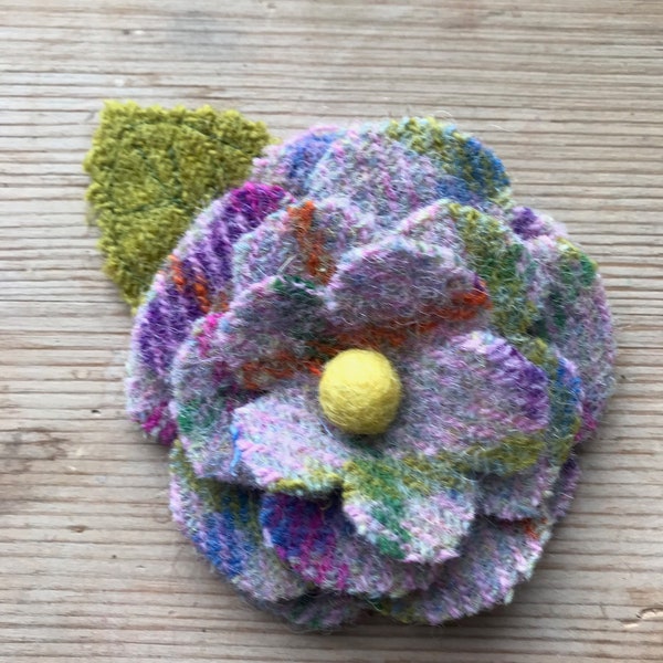 Pale Pink Harris Tweed flower with Leaf Brooch/ Pin.  Christmas present// stocking filler// secret Santa