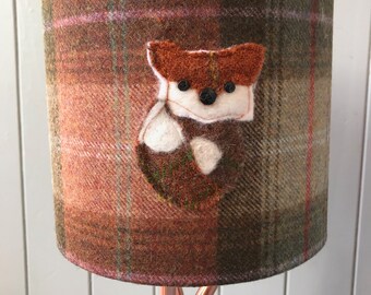 Harris Tweed Fox 20cm drum Lampshade. Covered in Yorkshire  wool tweed upholstery fabric in tan and turquoise with pink and red overstripe.