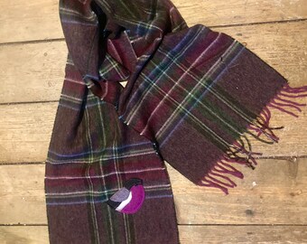 Lambswool Plaid Scarf with Handmade Tweed Bullfinch Applique