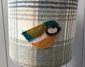 Harris Tweed Bluetit 20cm drum lampshade. Covered with blue and beige overstripe Abraham Moon pure wool upholstery fabric. Interior Design