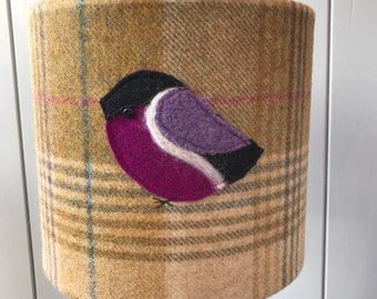 Tweed Bullfinch on 20cm drum lampshade. Covered with mustard and cream overstripe Abraham Moon pure wool upholstery fabric. Interior Design