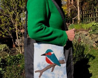 Kingfisher Applique Messenger Bag: Recycled Cotton & Plastic Bottle Salvage