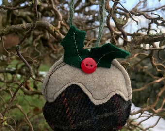 Handmade Tweed Christmas Pudding Ornament - Festive Tree Decoration