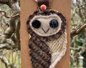 Llavero de búho de tweed hecho a mano: llavero vintage con respaldo de cuero