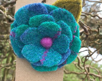 Blue, Teal & pink Harris Tweed Flower brooch/ pin. handmade from Harris tweed with embroidered leaf.  Christmas present// stocking filler//