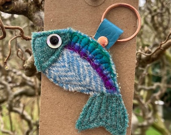 Handmade Tweed Sardine Fish Keyring, Vintage Leather Backed
