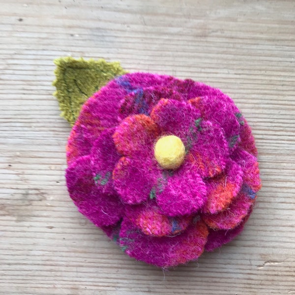 Cerise harris tweed flower brooch/ pin with embroidered leaf.  Christmas present// stocking filler// secret Santa