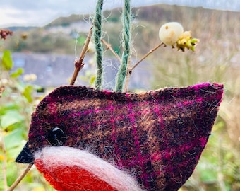Handmade Bobby Robin tweed hanging Decoration/ Tree Ornament