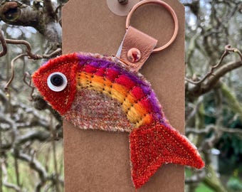 Handmade Tweed Goldfish Keyring/ keychain. Backed with vintage leather. Christmas present// stocking filler// secret Santa
