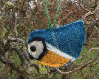 Handmade Tweed Blue Tit Ornament: Yorkshire & Harris Tweed Bird Decoration