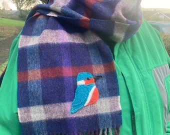 Lambswool Check Scarf, Handmade Tweed Kingfisher Appliqué