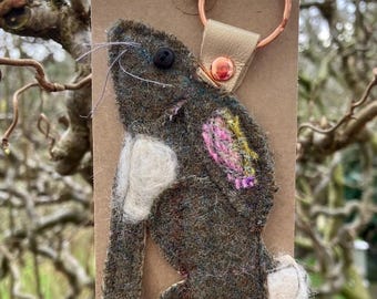 Handmade Tweed Hare Keyring: Vintage Leather Backed