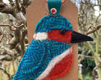 Handmade Harris Tweed Kingfisher Keyring with Vintage Leather
