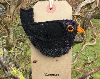 Jack Blackbird brooch/ pin. Handmade from Harris Tweed.  Christmas present// stocking filler// secret Santa
