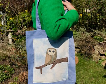 Barn Owl Appliqued Shopping Bag, Recycled Cotton & Plastic