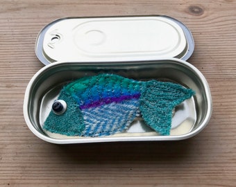 Sara sardine handmade wool tweed brooch/ pin in presentation tin.  Christmas present// stocking filler// secret Santa