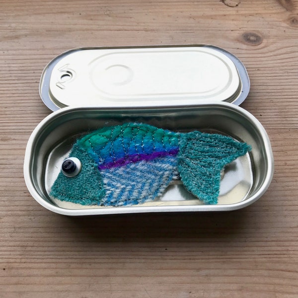 Sara sardine handmade wool tweed brooch/ pin in presentation tin.  Christmas present// stocking filler// secret Santa