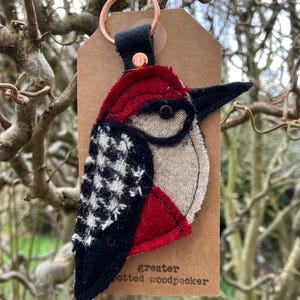 Handmade tweed George the Greater Spotted Woodpecker Keyring/ keychain. Backed with vintage leather. Christmas present// stocking filler