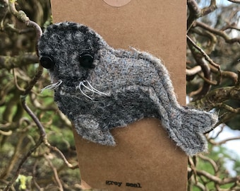 Sylvie Grey Seal Brooch/ Pin. Handmade from wool tweed.  Christmas present// stocking filler// secret Santa