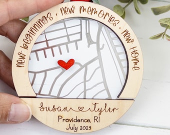 Personalized New Home Map Ornament – Engraved Maple Wood, Christmas Gift