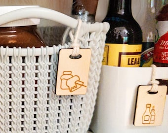 Engraved Wood Pantry Basket Tags – Kitchen Organization Icons Set