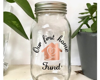 Personalized Home Fund Jar: Custom Vinyl Lettering, House Savings