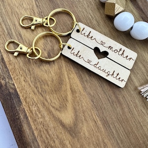 Mother Daughter Keychain Set: Engraved Wood, Heart Keychains
