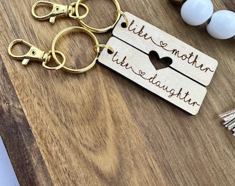 Mother Daughter Keychain Set: Engraved Wood, Heart Keychains
