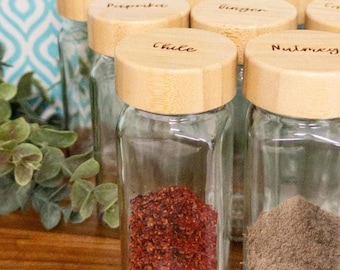 Engraved Wood Lid Spice Jars: Personalized Kitchen Storage