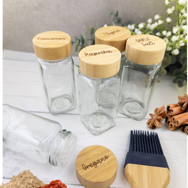 Spices Jars Set with wooden engraved lid, Wood Lid, Kitchen Storage, Herb Containers, Cooking Accessories