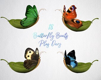 18 Butterfly Leaf Boats Plus 2 Leaf Oars, Separate PNG Overlays, High Resolution, Instant Download.