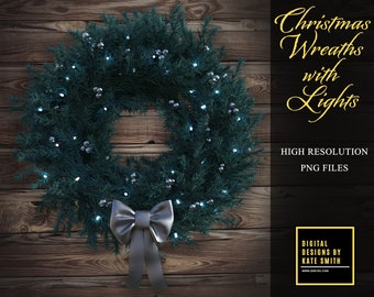 Christmas Wreaths with Lights Overlays, Separate PNG Files, High Resolution, Instant Download, CUOK.