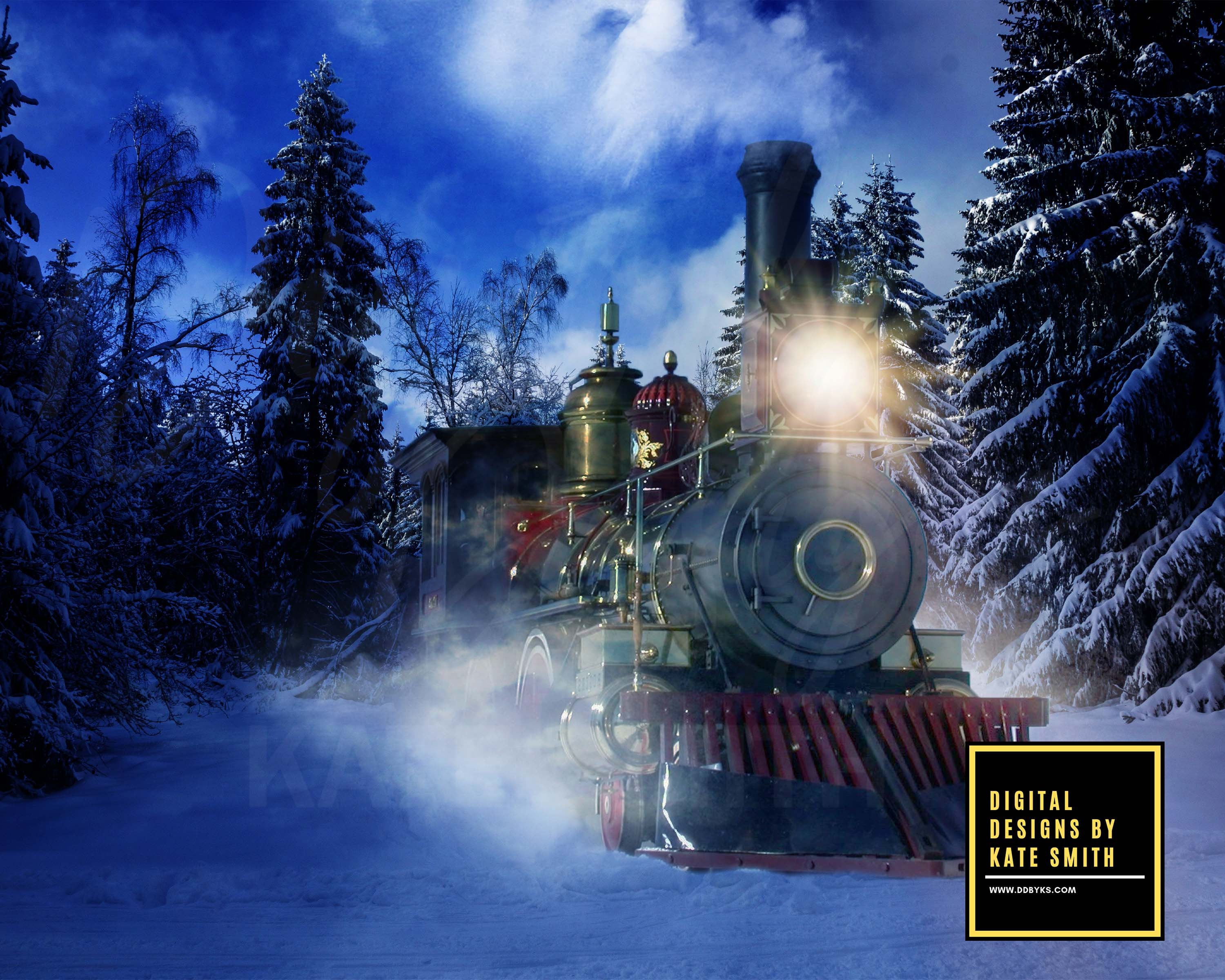 Polar Express with conductor Steam Train Backdrop Premade,Polar Express wit...