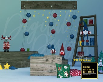 Studio Christmas Scene Digital Backdrop / Background, High Resolution, Instant Download. CUOK, Buy 3 get 1 free.