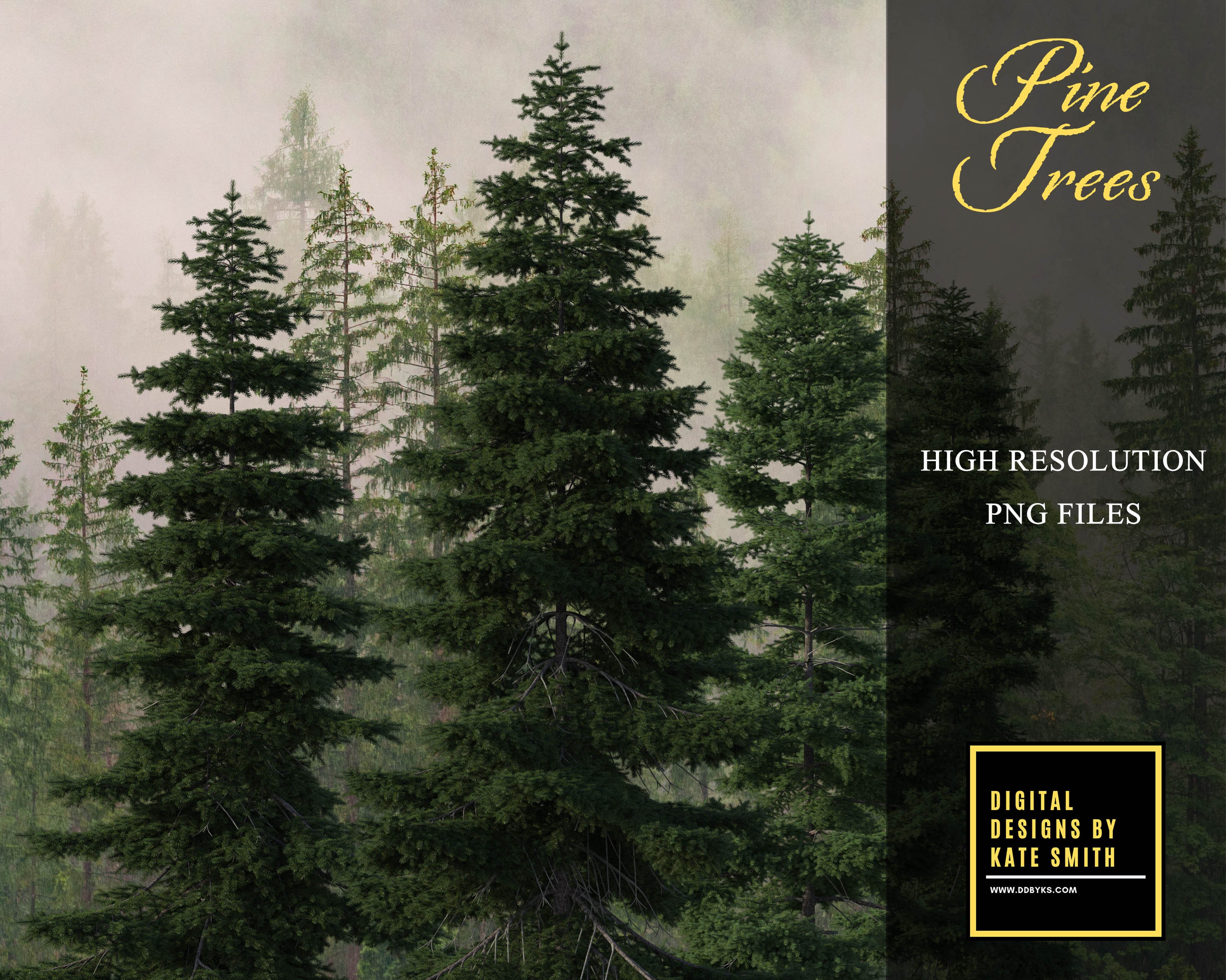 Pine Trees Overlays, Separate PNG Files, High Resolution, Instant