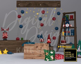 Boys Christmas Play Room Digital Backdrop / Background, High Resolution, Instant Download, Buy 3 get 1 free, CUOK.
