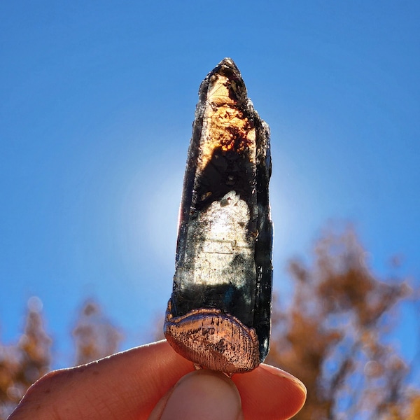 Copper Electroform Pendant Smoky Quartz with Blue Riebeckite Needles from Malawi