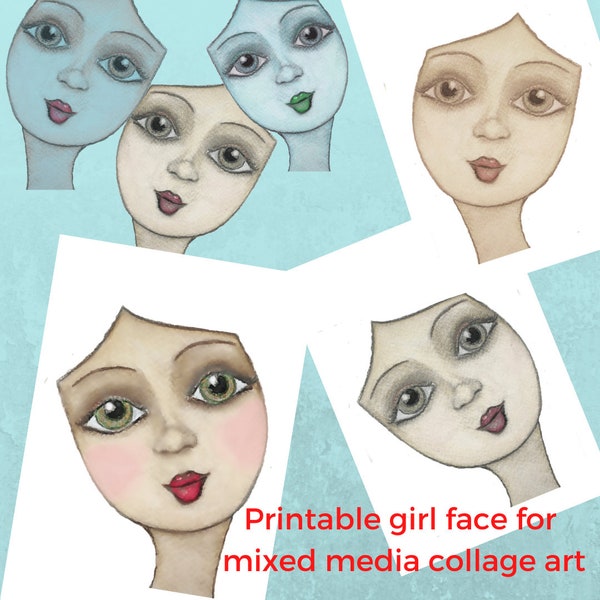 printable girls face for mixed media, female face illustration for art journals printable doll faces in different colours doll face digital