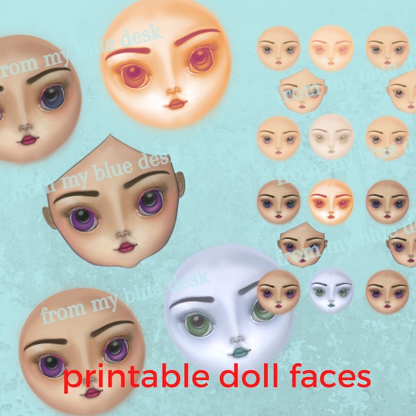 printable doll faces for making art dolls, whimsical female face for art journals, doll face download for mixed media art & clay Jewellery