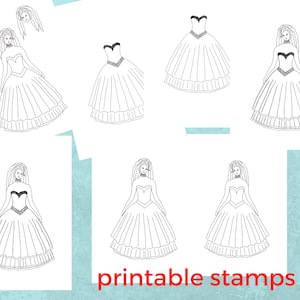 May include: Black and white line art illustrations of a doll with a ball gown and a separate head. The image includes multiple variations of the doll and dress design. The text "printable stamps" is at the bottom.