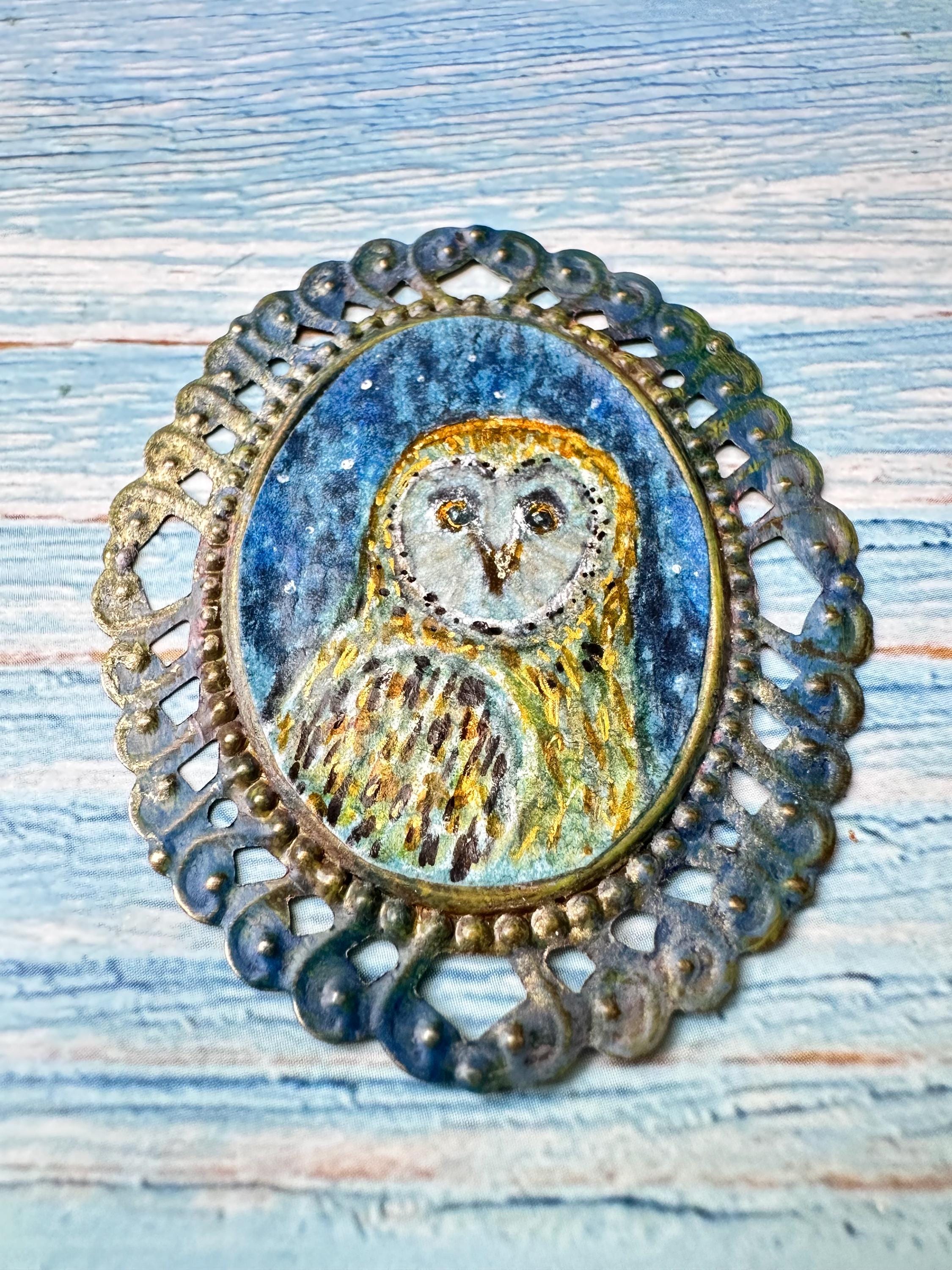Tiny original owl painting in distressed blue gold metal frame, miniature watercolour art, small gif