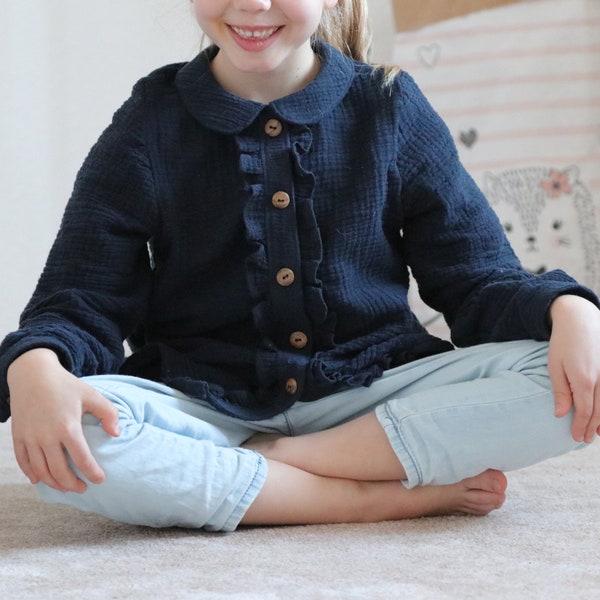 Girl Button-down Blouse with Peter Pan Collar – Long or Short Sleeves or Sleeveless – Pattern PDF Sewing Pattern