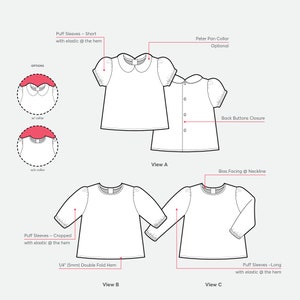 Girls Blouse PDF Sewing Pattern Peter Pan Collar Puff Sleeves Instant download image 10