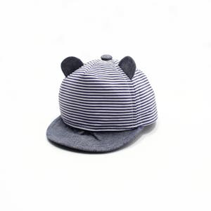 May include: A blue and white striped baseball cap with denim brim and two small blue fabric ears on top.