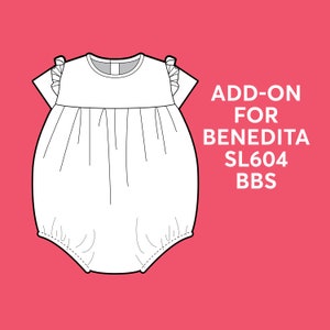 May include: A white baby onesie with ruffled sleeves and a gathered skirt. The onesie is designed to be an add-on for the Benedita SL604 BBS pattern.